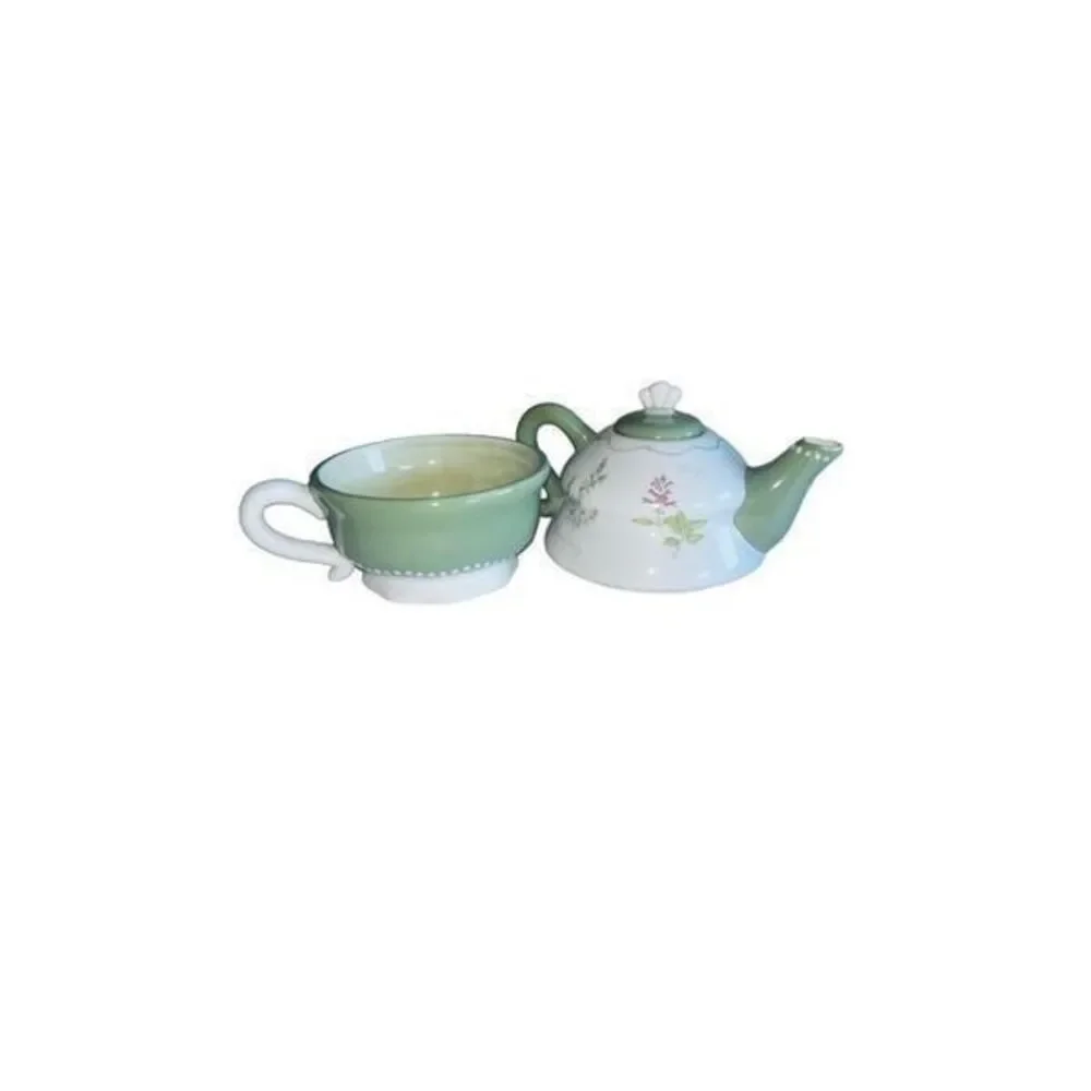 Sonoma Tea set for 1 Stacked Teapot Teacup Herbs Herb Garden 3 pc green/beige